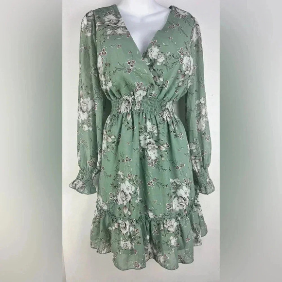 Prettywear Women's Floral Chiffon Long Sleeve Mini Dress Flowy A-Line Wrap Neck - Picture 4 of 9